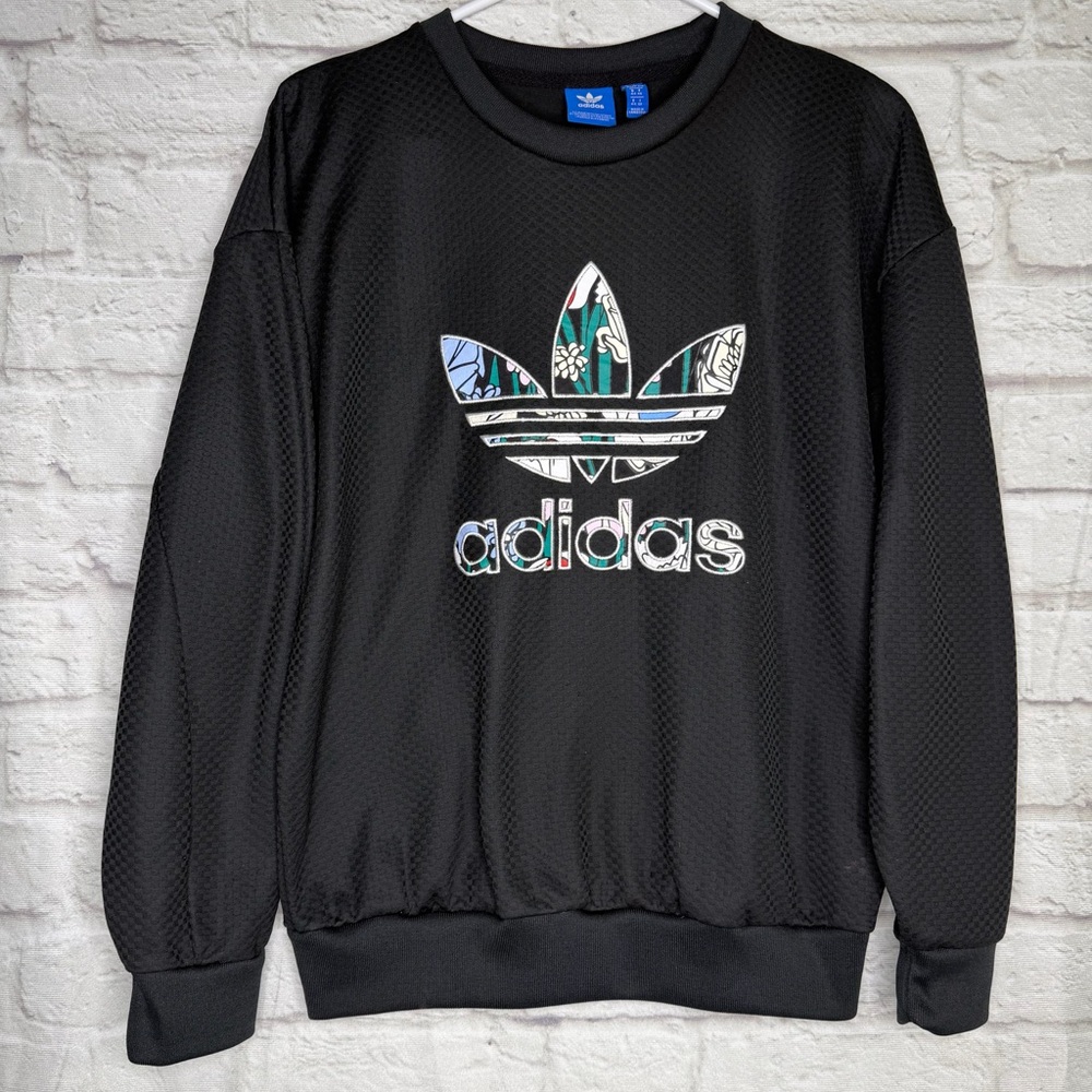 Adidas Black Pullover Sweatshirt with Floral Trefoil - Size: L